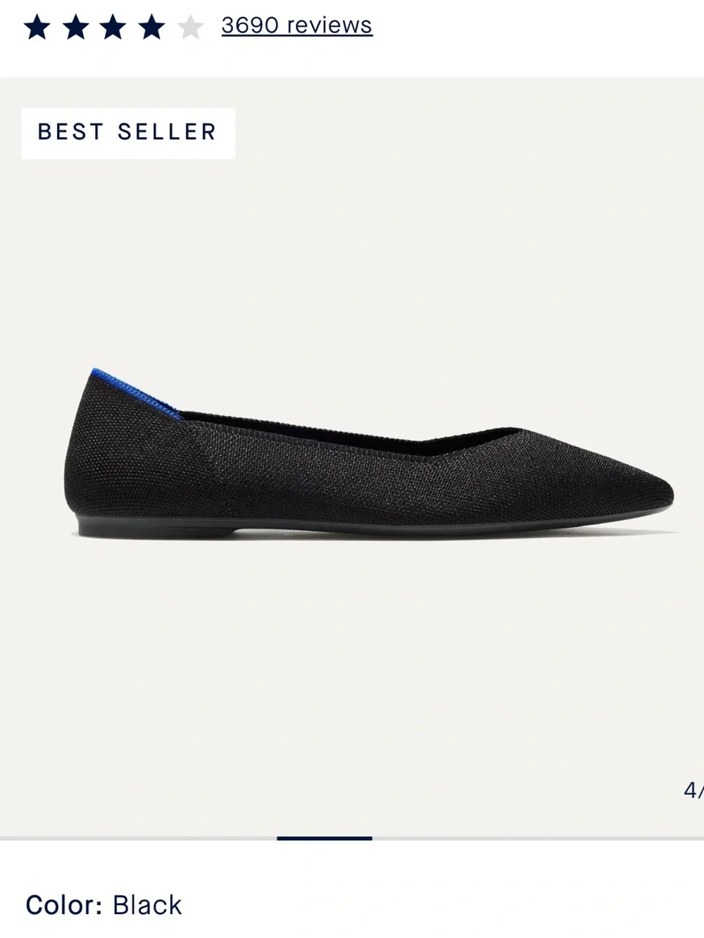 Rothy's Black Pointed Knit Flats with Blue Heel Trim